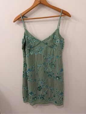 NWT Green and Blue Beaded and Sequin Floral Spaghetti Strap Mini Dress